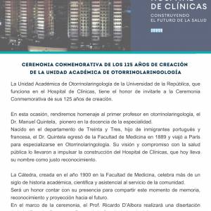 Miércoles 22 de octubre: Ceremonia conmemorativa de los 125 años de creación de la Unidad Académica de Otorrinolaringología