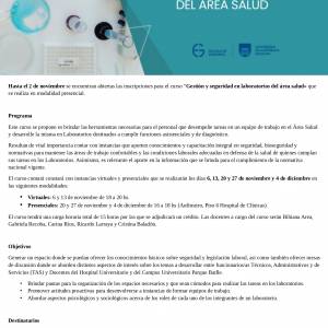Domingo 2 de noviembre finalizan las inscripciones para el Curso: Gestión y Seguridad en Laboratorios del Área Salud