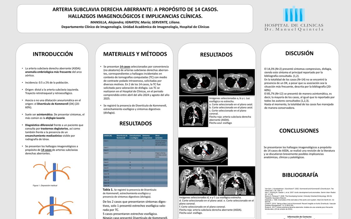 ARTERIA SUBCLAVIA DERECHA ABERRANTE: A PROPÓSITO DE 14 CASOS. HALLAZGOS IMAGENOLÓGICOS E IMPLICANCIAS CLÍNICAS.